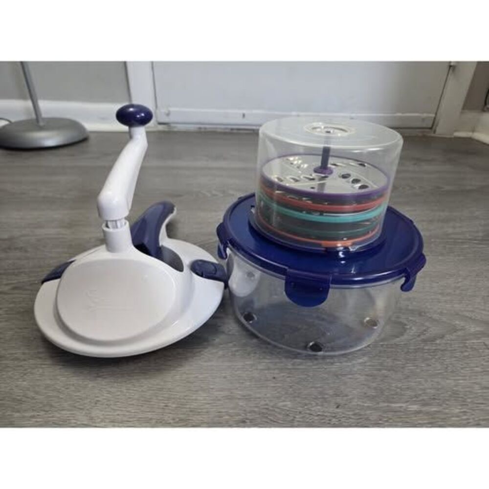 Genius 9 cup Slicer Shredder Food Prep System - White and Blue - 5 blade
